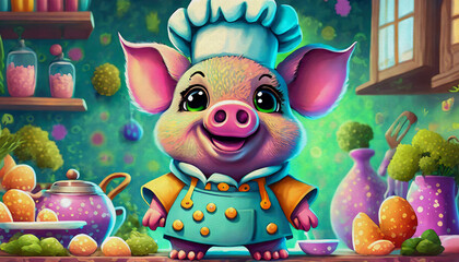 Fototapeta premium oil painting style cartoon character Caucasian baby pig with smile dressed as a chef in the kitchen