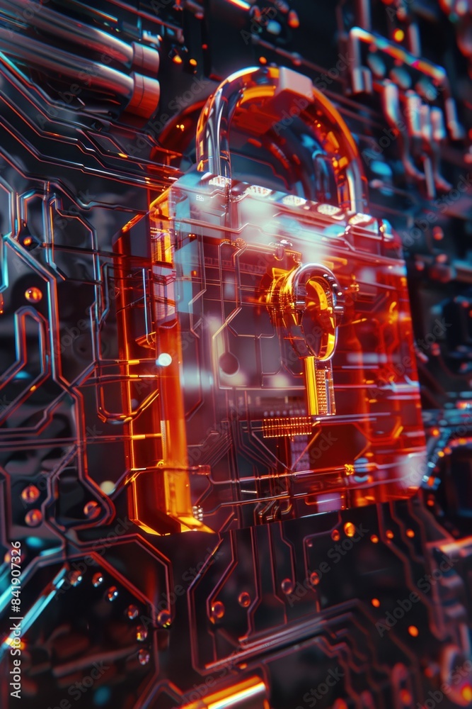 Poster a detailed view of a lock on a circuit board, suitable for use in tech-related contexts