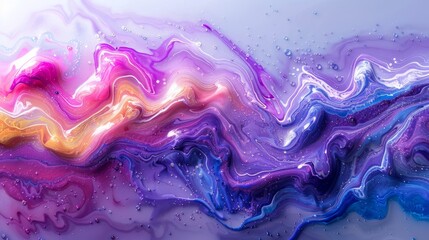 A mesmerizing effect is created by modern artwork with vibrant purple, pink, and gold hues, featuring fluid patterns that captivate attention with dynamic colors and graceful movements