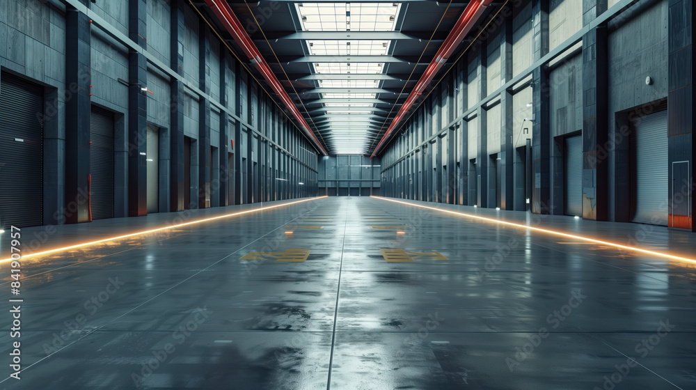 Poster empty clean futuristic warehouse. background image. created with generative ai technology.