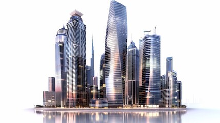 Fototapeta premium Modern skyscrapers in city center at twilight, reflective glass facades, urban architecture, photo realistic, isolated on white background, copy space