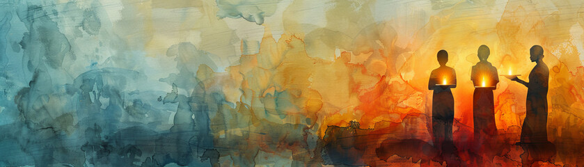 Abstract painting of three monks holding glowing orbs, set against a background of vibrant blues and warm oranges.