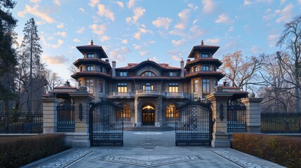 Obraz premium A historic mansion with a wrought-iron gate