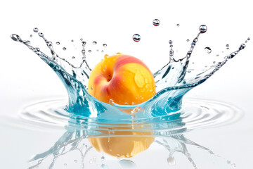 A yellow-red peach in a splash of water on a white background, close up