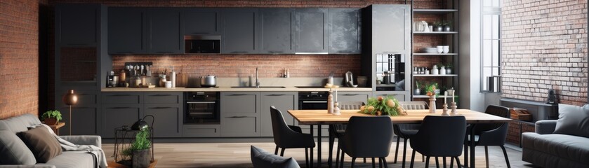 Fototapeta premium A modern bedroom with a large bed and a kitchen area. The kitchen has a stove and oven, and a dining table with chairs. The room has a cozy and comfortable atmosphere