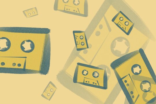 Retro cassette tapes illustration in yellow and beige tones