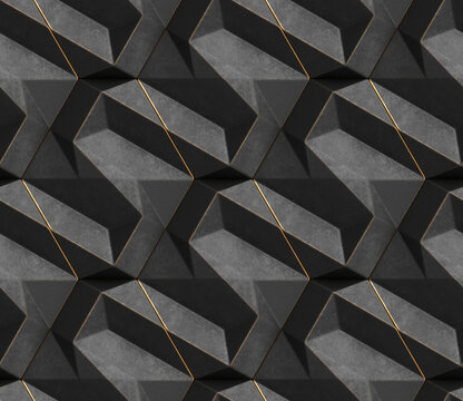 Abstract 3D geometric pattern with gold lines