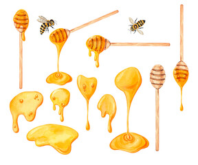 Honey flowing down a wooden shelf in different positions for your product design. Dripping honey, drops of honey, honey aroma