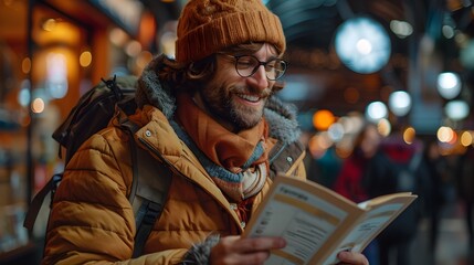 Delighted Tourist Reviewing Travel Insurance Policy in Airport Lounge