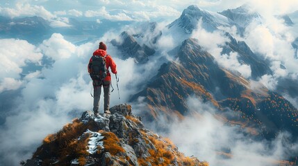 Conquering the Peak:Hiker Triumphantly Stands Atop Snowy Mountain Summit with Breathtaking Panoramic View