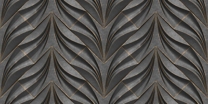 Elegant 3D black leaf pattern with golden lines