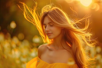A woman wearing a bright yellow dress stands in a lush green field