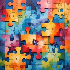 Interlocking puzzle pieces with a watercolor texture, symbolizing connection and diversity in a colorful, abstract design