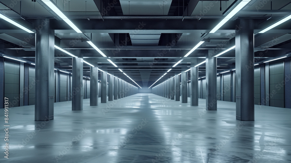 Poster empty clean futuristic warehouse. background image. created with generative ai technology.