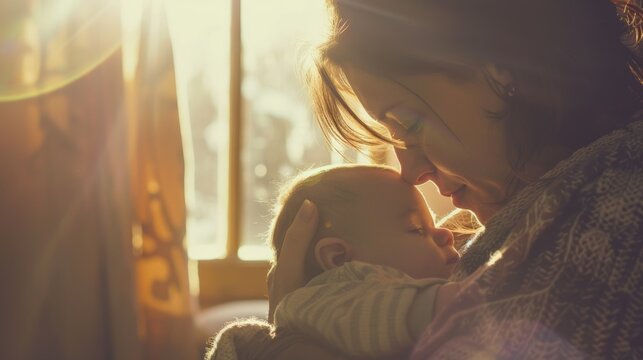 A mother breastfeeding her newborn baby, with soft natural light illuminating the tender moment