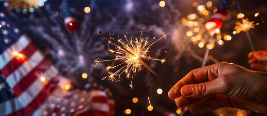 Evening American celebration, sparklers in hand, flags and fireworks.