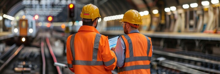 Railway engineering team using advanced technology to monitor rail conditions and train schedules