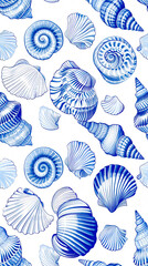 A seamless repeating blue pattern of seashells on white background