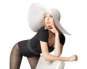 female emotions. the model is posing. the girl looks away. stylish woman with a big white hat. transparent background.