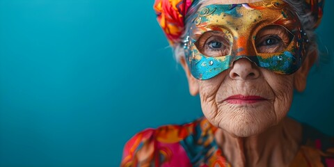 Elderly woman in colorful carnival mask against bright background with text space. Concept Elderly Portraits, Carnival Mask, Bright Background, Colorful Props, Text Space