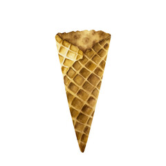 Empty crispy waffle cone. Hand painting sweet watercolor illustration isolated on background. For designers, menu, shop, decoration, restaurant, for postcards, wrapping paper, covers.