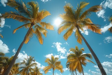 Towering sunlit palm trees on a tropical beach, symbolizing paradise. 