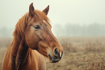 Fototapeta premium Close-up shot of a beautiful chestnut horse standing in a foggy field, showcasing its elegance and calm demeanor amidst a serene landscape.