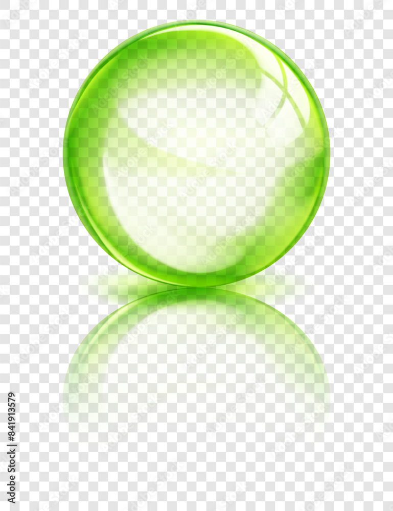 Wall mural large translucent sphere in green colors with reflection, glares and shadow on transparent backgroun