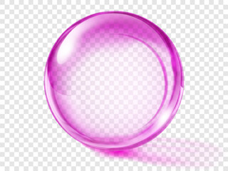 Large translucent colored sphere in purple colors with glares and shadow on transparent background. Vector illustration for design projects and creative works