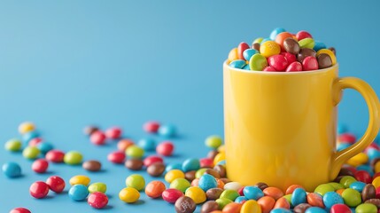 Colored candy and mug with toy on blue background