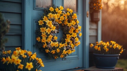 Serene Elegance: Vibrant Daffodil Wreath Front Door Decor with Double Exposure Silhouette, Copy Space, and Welcoming Colors