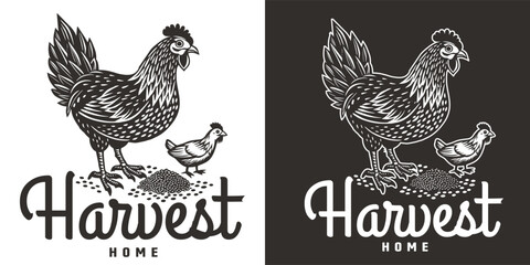 Fototapeta premium Vintage inspired linocut emblem design featuring a chicken, ideal for eco friendly and natural farming product labels, rendered in a classic monochrome black and white style