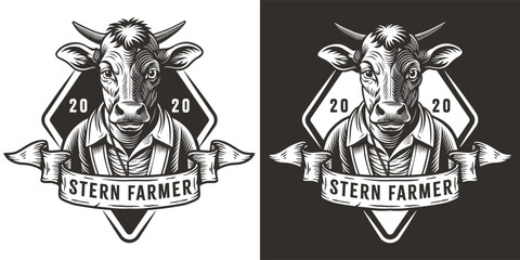 Black and white linocut style emblem featuring a detailed illustration of a cow head, representing a vintage, eco friendly approach to farming and natural products, with stern farmer banner