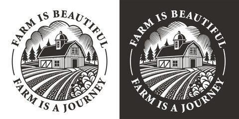Obraz premium Classic black and white linocut design featuring a quaint farm landscape encircled by the inspiring message 'farm is beautiful, farm is a journey,' capturing the essence of eco friendly farming