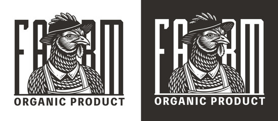 Fototapeta premium Linocut style vintage emblem featuring proud rooster, symbolizing eco friendly farming and natural products. Presented in black and white for a classic, monochrome look