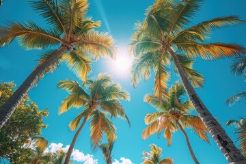 Towering sunlit palm trees on a tropical beach, symbolizing paradise. 