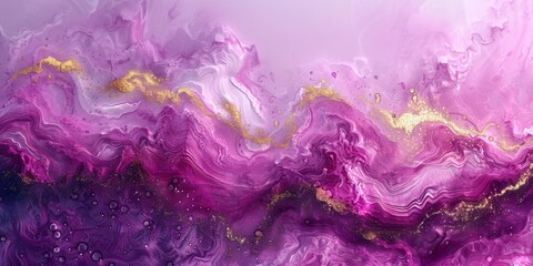 A mesmerizing effect is created by modern artwork with vibrant purple, pink, and gold hues, featuring fluid patterns that captivate attention with dynamic colors and graceful movements