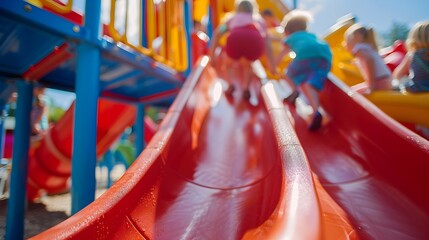 Children Climbing Shallow Depth of Field Slide with Copy Space