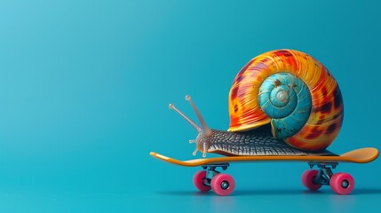Colorful modern snail rides a skateboard on blue background