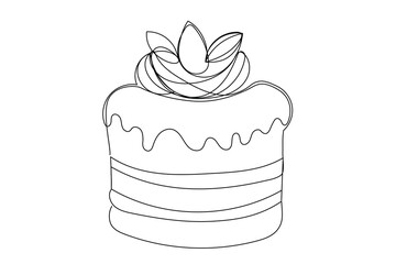 Line Art Cake Illustration. Sweet Holiday Greeting Cake Pancake Delicious Decoration Line Art. Happy Birthday Party Dessert Cake Line Art Sketch Drawing. Editable Continuous Vector Thin Stroke Line