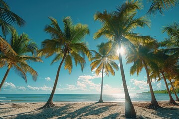 Towering sunlit palm trees on a tropical beach, symbolizing paradise. 