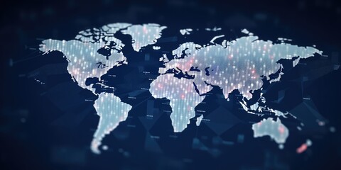 Digital world map with glowing cyber data points on dark blue background. Global connectivity and internet technology concept. Design for network, communication, technology innovation theme. AIG35.