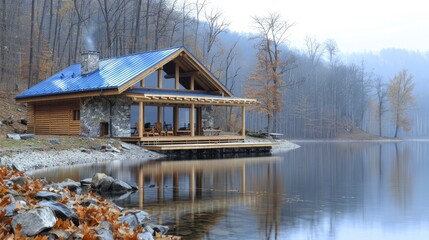 Obraz premium A rustic cabin by a serene lake
