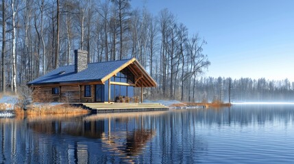 Fototapeta premium A rustic cabin by a serene lake