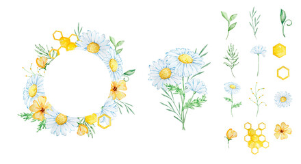 Watercolor floral frame with honeycomb, daisy and leaves