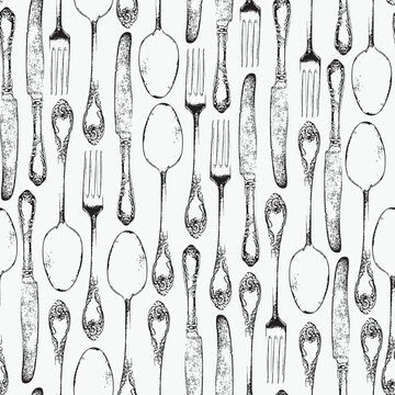 vector seamless pattern with realistic cutlery fork spoon and knife in vintage style on white background. Suitable for vintage Wallpaper, wrapping paper, fabric