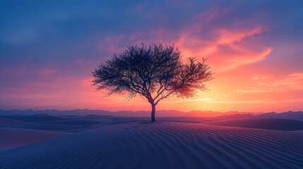 A solitary tree in the desert, standing on a sand dune at sunset with vibrant colors in the sky - Powered by Adobe