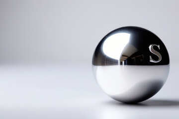 A reflective chrome sphere with the letter S prominently displayed on its surface stands against a white background. The sleek and polished design highlights its modern and sophisticated look