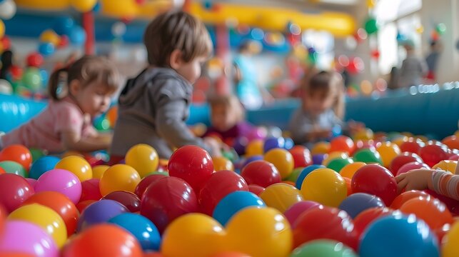 Children Playing in Vibrant Colorful Ball Pit with Shallow Depth of Field