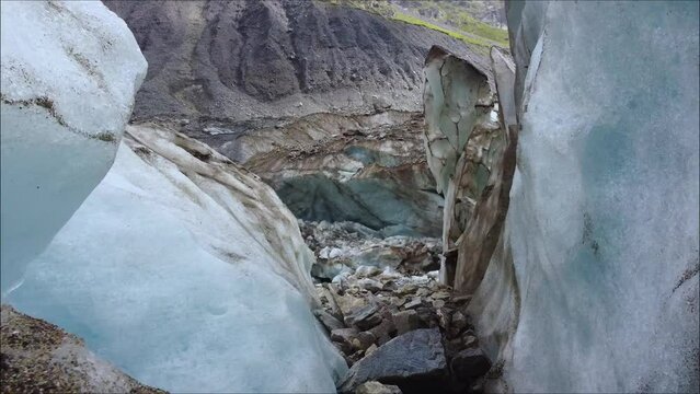Flight to the glacier through the ice cliffs, Tsey, Ossetia